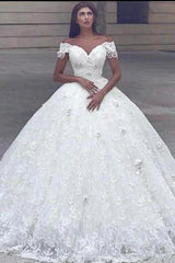 Classic Lace Off the shoulder White Lace Ball Gown Wedding Dress-Ballbella