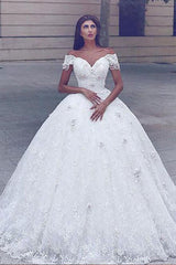 Classic Lace Off the shoulder White Lace Ball Gown Wedding Dress-Ballbella