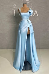 Classic Long Blue A-line Straps Pearls Sleeveless Prom Dress With Slit-Ballbella