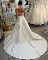 Classic Long Ivory A-line Straps Satin Sleeveless Backless Wedding Dress With Slit-Ballbella