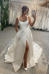 Classic Long Ivory A-line Straps Satin Sleeveless Backless Wedding Dress With Slit-Ballbella