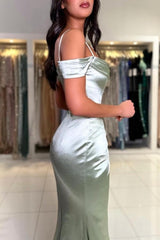 Classic Long Mermaid Gorgeous Spaghetti Straps Off-the-shoulder Satin Prom Dress With Slit-Ballbella
