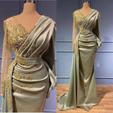 Classic Long Sleeves V-Neck Mermaid Evening Gowns Long Prom Dress With Appliques-Ballbella