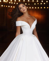 Classic Long White A-line Off-the-shoulder V-neck Satin Wedding Dress-Ballbella