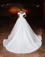 Classic Long White A-line Off-the-shoulder V-neck Satin Wedding Dress-Ballbella