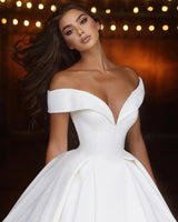 Classic Long White A-line Off-the-shoulder V-neck Satin Wedding Dress-Ballbella