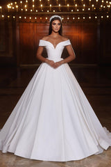 Classic Long White A-line Off-the-shoulder V-neck Satin Wedding Dress-Ballbella