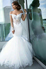 Classic Off the Shoulder Tulle Mermaid Appliques Long Sleeves Wedding Dress-Ballbella
