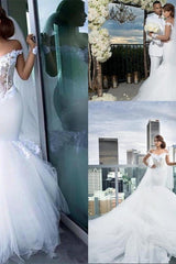 Classic Off the Shoulder Tulle Mermaid Appliques Long Sleeves Wedding Dress-Ballbella