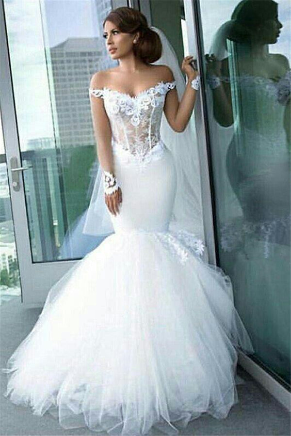 off the shoulder tulle sleeve wedding dress Ethereal Wedding Dress with Off-the-Shoulder Poof Sleeves
