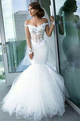 Classic Off the Shoulder Tulle Mermaid Appliques Long Sleeves Wedding Dress-Ballbella