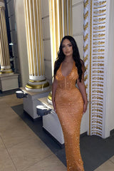 Classic Orange Halter V-Neck Sleeveless Sequins Prom Dresses Mermaid Column On Sale-Ballbella
