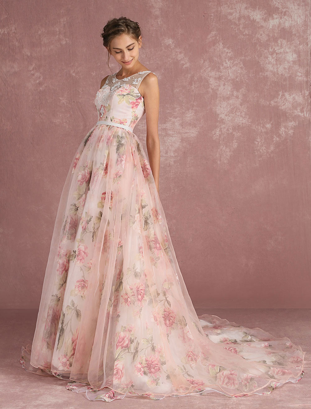Classic Pink Evening Dresses Long Floral Print Organza Pageant