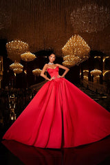 Classic Red Sweetheart Strapless Sleeveless Satin Prom Dresses A-Line Ball Gown With Pleats-Ballbella
