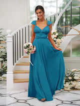 Classic Ruched V-Neck Jersey Sleeveless Bridesmaid Dresses-Ballbella