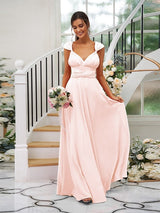 Classic Ruched V-Neck Jersey Sleeveless Bridesmaid Dresses-Ballbella
