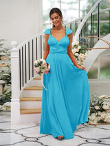 Classic Ruched V-Neck Jersey Sleeveless Bridesmaid Dresses-Ballbella