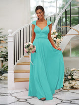 Classic Ruched V-Neck Jersey Sleeveless Bridesmaid Dresses-Ballbella