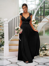 Classic Ruched V-Neck Jersey Sleeveless Bridesmaid Dresses-Ballbella