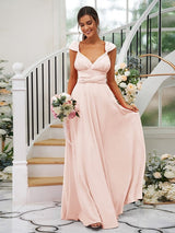 Classic Ruched V-Neck Jersey Sleeveless Bridesmaid Dresses-Ballbella