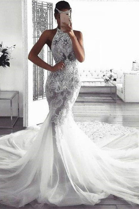 white halter wedding dress Classic Sleeveless Halter Wedding Dresses Modern Mermaid Tulle Bridal Dresses
