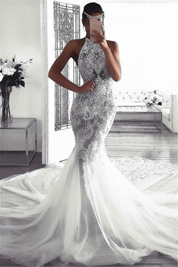 Classic Sleeveless Halter Wedding Dresses Modern Mermaid Tulle