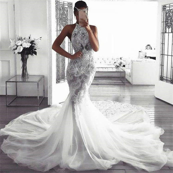Ballbella custom made this mermaid sleeveless halter wedding dress online, we sell dresses online all over the world. Also, extra discount are offered to our customs. We will try our best to satisfy everyoneone and make the dress fit you well.