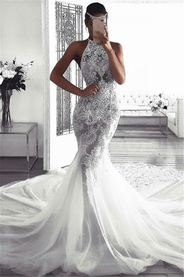 Classic Sleeveless Halter Wedding Dresses Modern Mermaid Tulle Bridal  Dresses – Ballbella