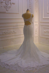 Classic Sleeveless Lace V neck Column White Court Train Wedding Dress-Ballbella