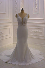 Classic Sleeveless Lace V neck Column White Court Train Wedding Dress-Ballbella