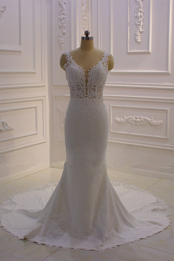 Classic Sleeveless Lace V neck Column White Court Train Wedding Dress Classic Sleeveless Lace V neck Column White Court Train Wedding Dress