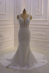 Classic Sleeveless Lace V neck Column White Court Train Wedding Dress-Ballbella
