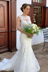 Classic Sleeveless Strap Lace Appliques Mermaid Bridal Wedding Dresses-Ballbella