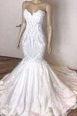 Classic Sleeveless Sweetheart Lace Appliques Mermaid Slim Bridal Wedding Dress-Ballbella