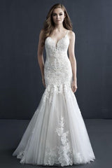 Classic Sleeveless White Lace Mermaid Wedding Gown Sweetheart Tulle Appliques Bridal Dress-Ballbella