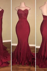 Classic Strapless Appliques Sweep Train Mermaid Prom Dresses-Ballbella