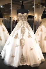 Classic Sweetheart Gold Lace Wedding Dresses Sparkly Ball Gown Bridal Dress-Ballbella