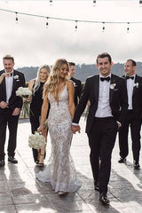 Classic V Neck Spaghetti Straps Mermaid Wedding Gown Floral Lace Dress for Bride-Ballbella