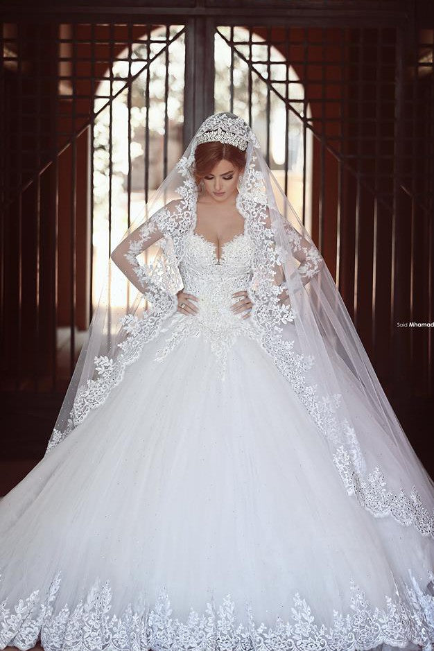 Classic White Lace Ball Gown Wedding Dress Popular Sweep Train Long Sleeves Bridal Gown Classic White Lace Ball Gown Wedding Dress Popular Sweep Train Long Sleeves Bridal Gown
