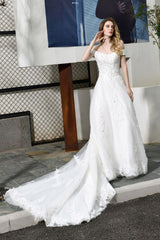 Classic White Lace Off the ShoulderLong Princess Wedding Dress with Beaded Lace Appliques-Ballbella