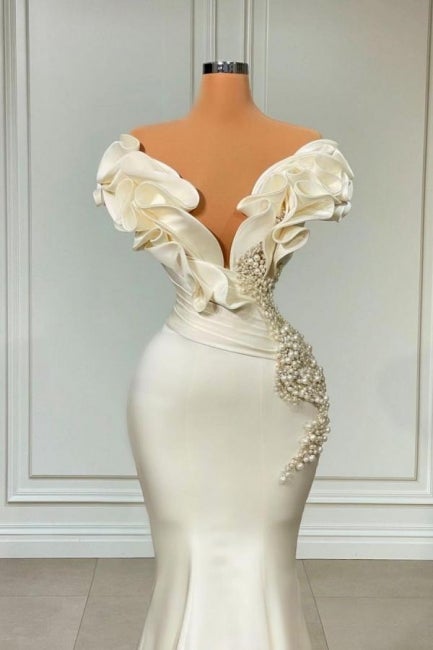 Classic White Long Pearl Ruffle Prom Dresses Classic White Long Pearl Ruffle Prom Dresses