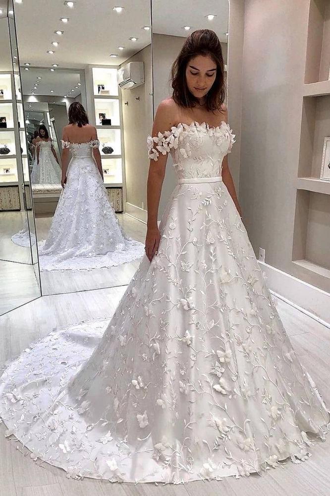 Classic White Strapless Off the shoulder Court Train Princess Wedding Dress