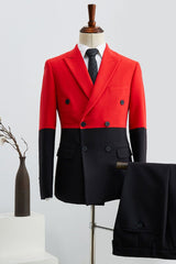 Classy Black And Red Peaked Lapel Double Breasted Prom Suit-Ballbella