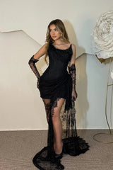Classy Black Strapless Mini Lace Prom Dress Column Beads With Ruffle Gloves-Ballbella