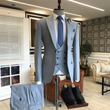 Classy Blue 3-Pieces Double Breasted Waistcoat Slim Fit Business Suits For Men-Ballbella