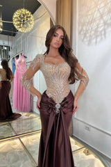 Classy Brown Square Long Sleeves Mermaid Prom Dresses Sheath Gem Long With Pleats-Ballbella