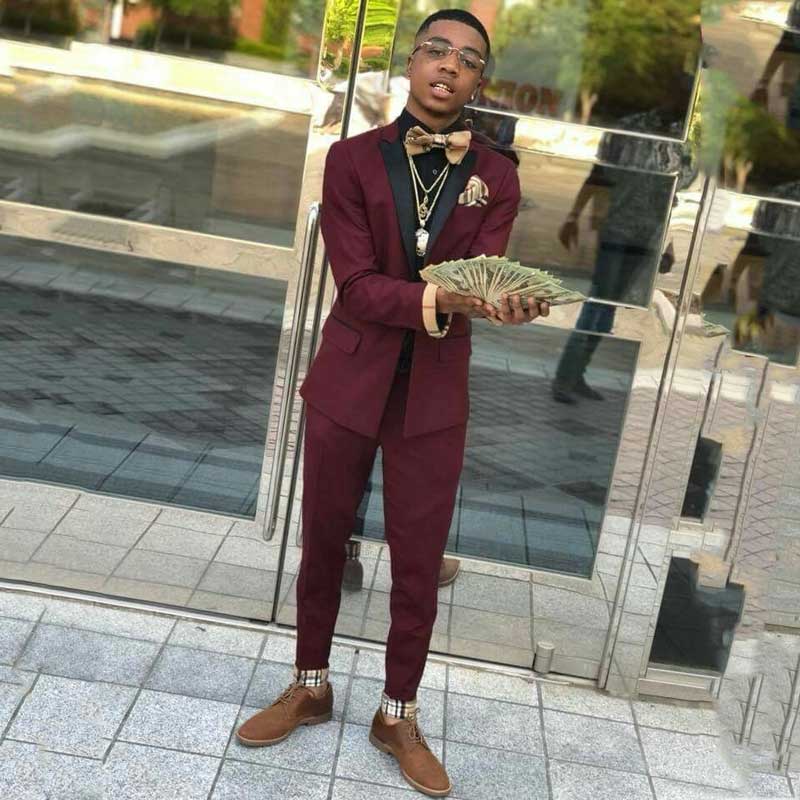 Classy Burgundy Two Piece Mens Suits with Black Lapel Classy Burgundy Two Piece Mens Suits with Black Lapel