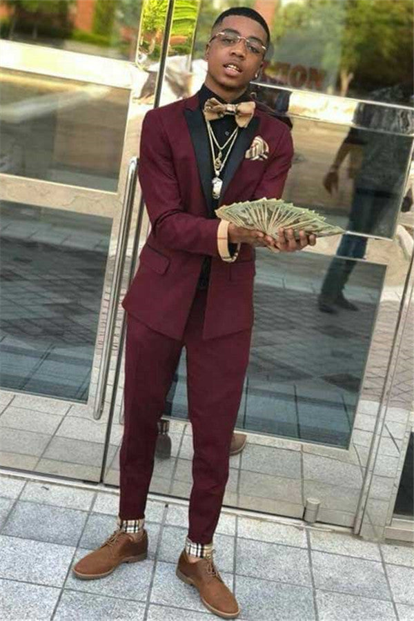 Classy Burgundy Two Piece Mens Suits with Black Lapel Classy Burgundy Two Piece Mens Suits with Black Lapel