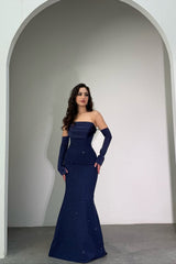Classy Dark Navy Strapless Mermaid Prom Dress Detachable Sleeves With Beads Zipper-Ballbella