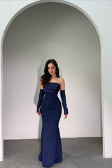 Classy Dark Navy Strapless Mermaid Prom Dress Detachable Sleeves With Beads Zipper-Ballbella